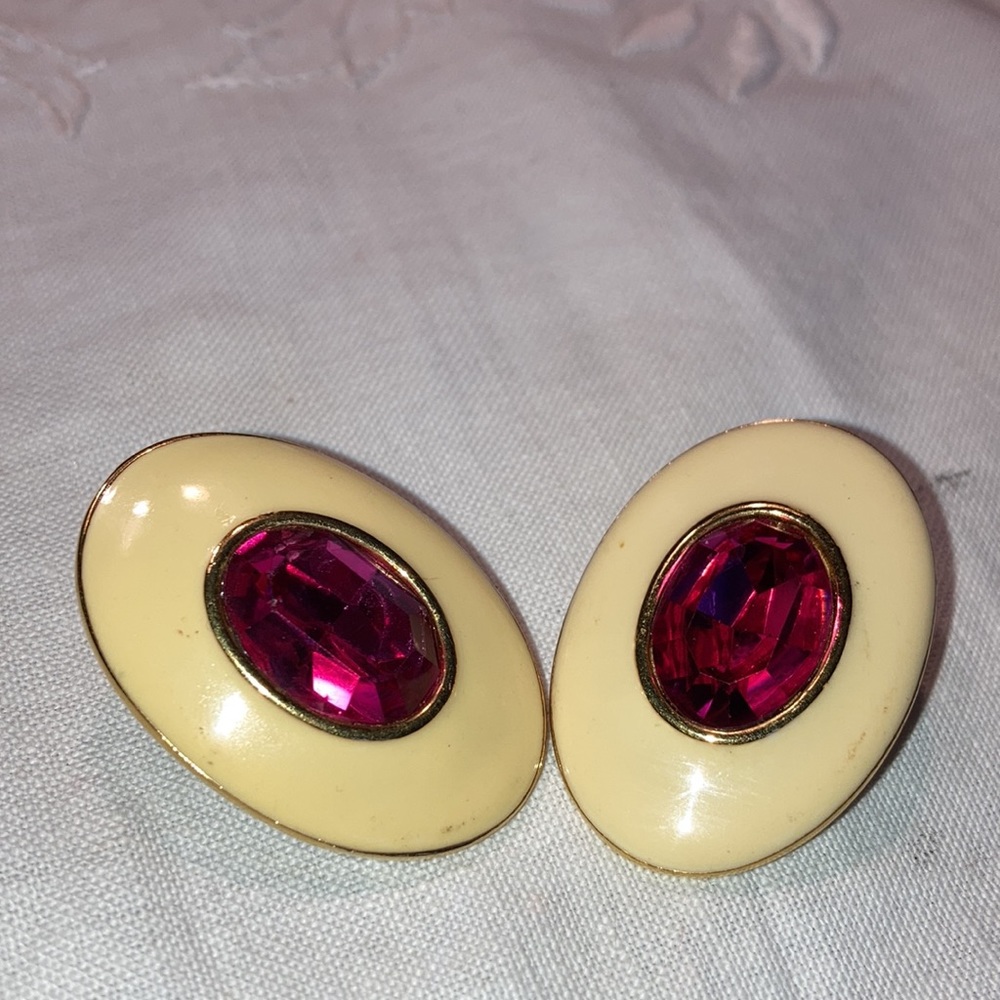 Yves Saint Laurent Cream Oval Earrings with Fuchsia Crystal Centers